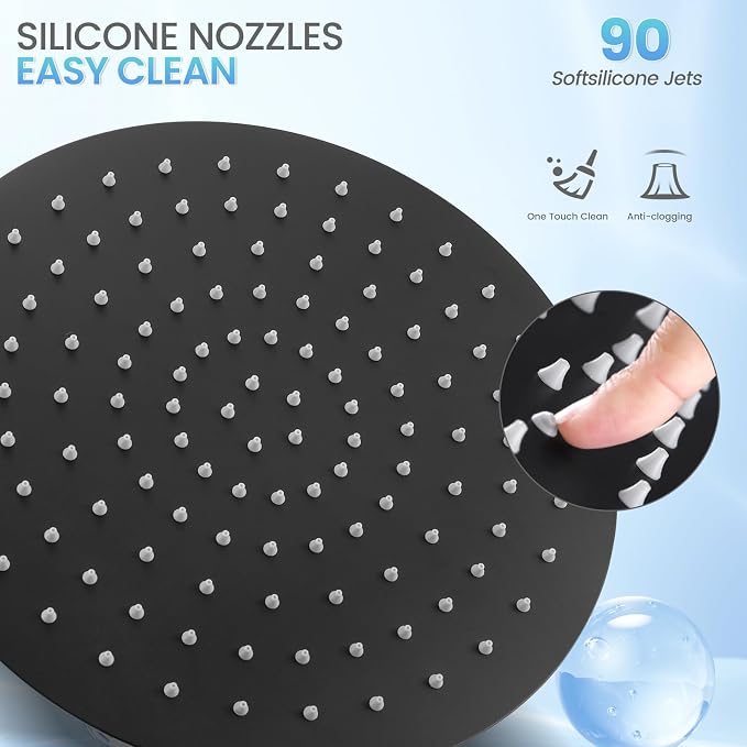 10 Inch Matte Black Round Rain Shower Head, All Metal Stainless Steel Rainfall Shower Heads with 100 Anti-Clog Silicone Nozzles, Wall or Ceiling Mount