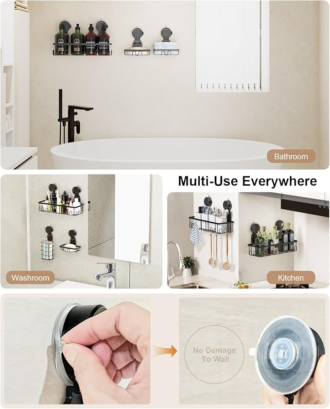 JOTPE Shower Caddy 5 Pack, No-Drill Suction Shower Organizer, Black | Strong suction shower caddy installs without drilling, Large storage keeps shampoo, soap and bath essentials organized