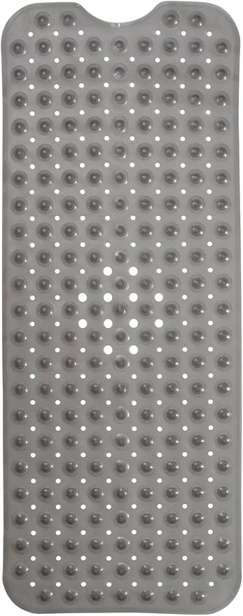 ENKOSI Non-Slip Bath & Shower Mat 40x16 Extra Long, Suction & Drain Holes | Clear Gray look; Durable PVC; 40x16 in, Clear Gray