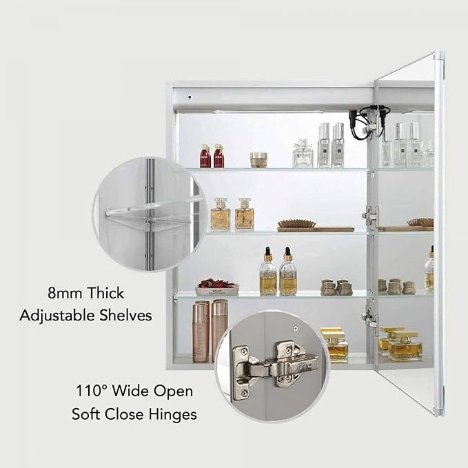 BLOSSOM Recessed or Surface LED Lighted Mirror Medicine Cabinet with Lights, LED Medicine Cabinet with Defogger (20x32/Right Hinge) | Bathroom Storage Cabinet, Medicine Cabinets Organizer, Vanity Mirror with Storage, Recessed/Surface Mount, Adjustable ...