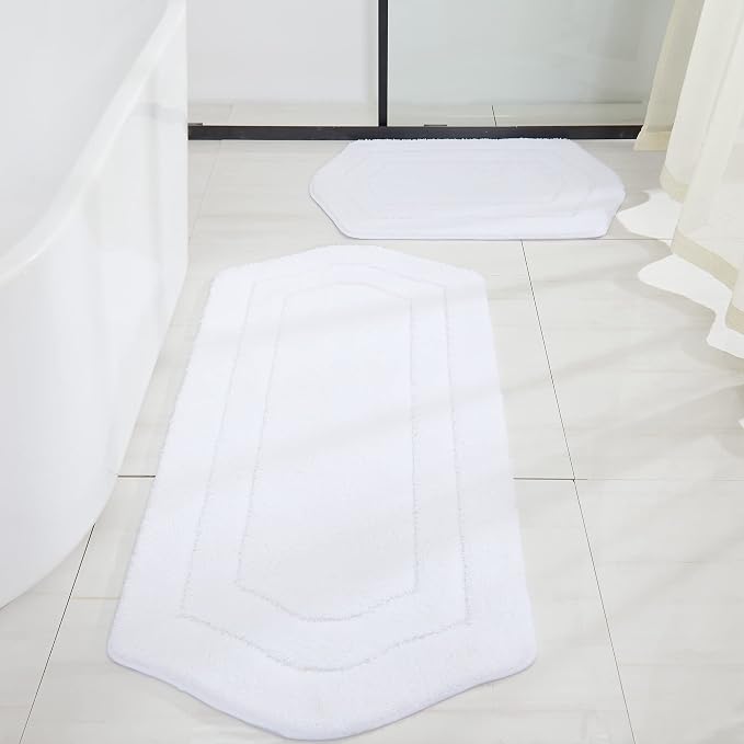 COSY HOMEER Non-Slip Bath Mats Extra Thick Absorbent Plush Washable | 20"x32"+24"x48" White Non-Slip Extra Thick Plush Absorbent Machine Washable Bath Mats Bathroom Rugs Floor Tub Shower