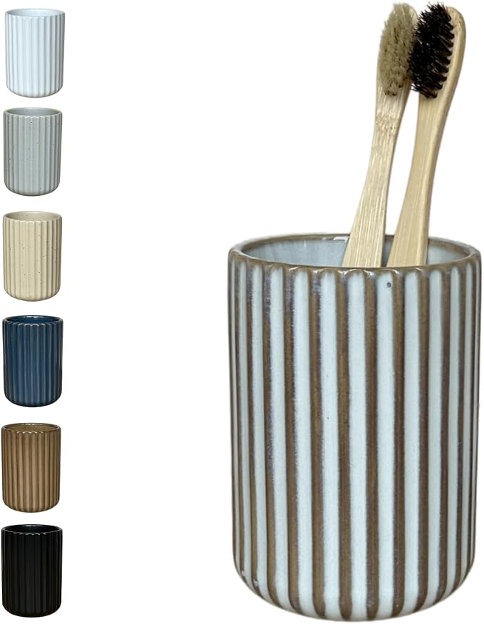 Stoneware Toothbrush Holder for Bathroom Tooth Brush Holder for Bathroom Toothbrush Cup Toothbrush Holders Cute Fluted Vertical Ribbed Stripe (Retro White)