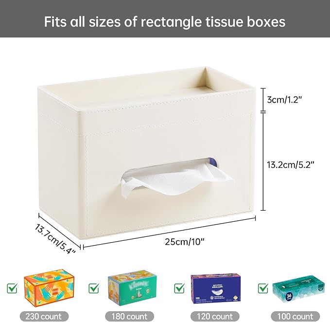 Plus Size Tissue Box Cover, Rectangle Tissue Box Organizer, Beige | Fit 180/230 Count Tissue Boxes, Storage Tray, PU Leather Large Tissue Box Cover, Rectangular Tissue Box Holder for Bathroom