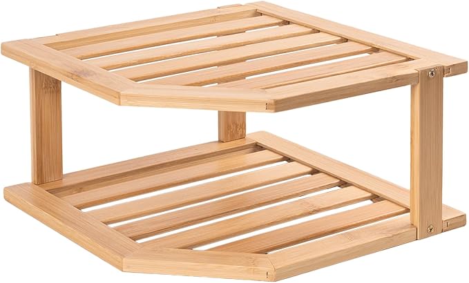VERTORGAN 2 Tier Bamboo Plate Organizer,Corner Shelf for Kitchen | Pantry Storage,Dish Rack,Spice Rack,Corner Organizer,Kitchen Counter Shelves,Kitchen Storage,Holds Plates