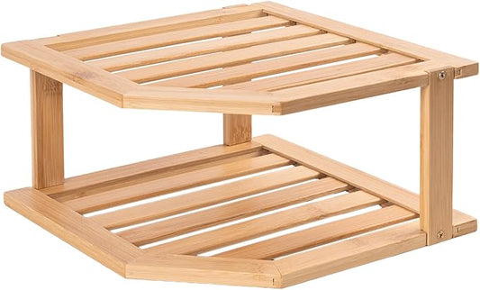 VERTORGAN 2 Tier Bamboo Plate Organizer,Corner Shelf for Kitchen | Pantry Storage,Dish Rack,Spice Rack,Corner Organizer,Kitchen Counter Shelves,Kitchen Storage,Holds Plates