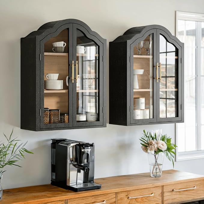 FIMELLO 47.2’’W Wave Design Arched Wall Cabinet, Bathroom Cabinet with Glass Doors Adjustable Shelf, Above Toilet Cabinet, Kitchen Wall Cabinet, Wall Bookshelf, Black Grain