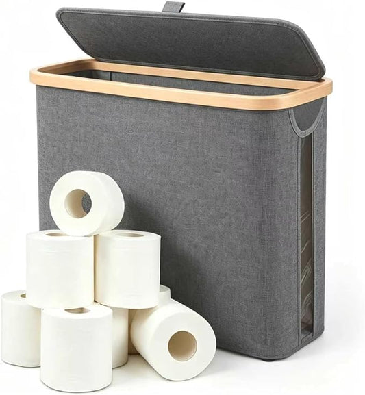 Oxford Fabric Toilet Paper Storage Basket with Lid, Free‑Standing Organizer Basket for Toilet Paper for RV Bathroom (Grey)