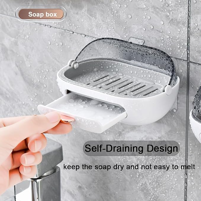 1Pc Shower Soap Dish Holder with Lid, Bar Soap Container with Drain | Wall Mounted Soap Box Container for Shower, Bathroom, Bathtub, Kitchen Sink, Adhesive Included