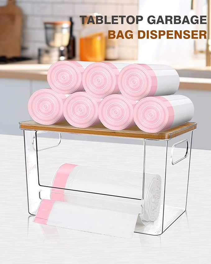 Trash Bag Dispenser 2 Pack - Under Sink Organizer, Plastic Bag Holder | Stackable Acrylic Garbage Bag Storage with Bamboo Lid for Kitchen Cabinet, 13/30/33 Gallon Grocery Bag Dispenser