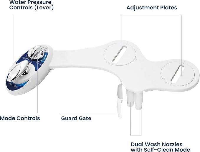 LUXE Bidet NEO 180 - Non-Electric Bidet Attachment for Toilet Seat, Blue | Dual Nozzle, Self-Cleaning, Adjustable Water Pressure, Rear & Feminine Wash, with Lever Control
