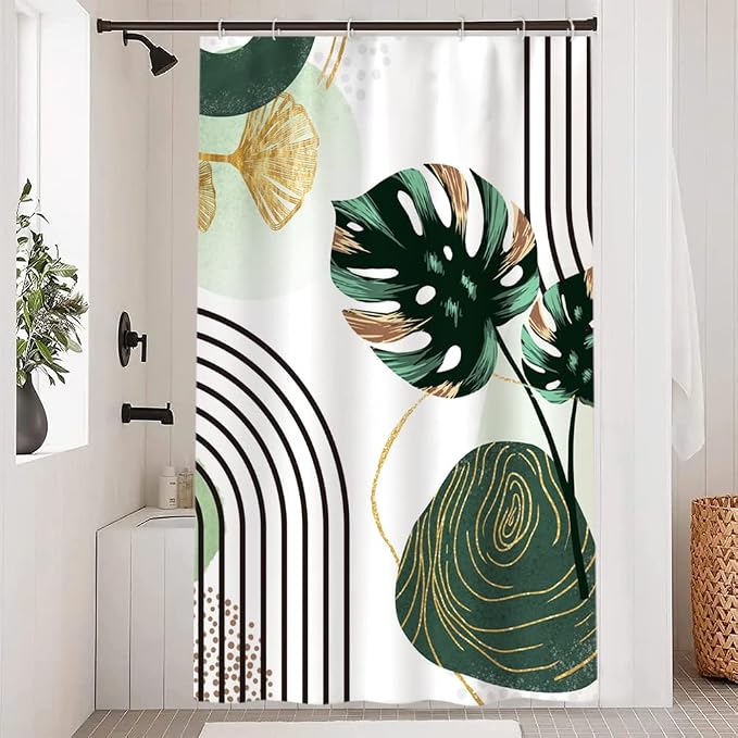 Boho Green Stall Shower Curtain with Hooks 48x72 Inch | Waterproof Small Abstract Green and Gold Leaves Bathroom Curtain for Shower Stall, Machine Washable