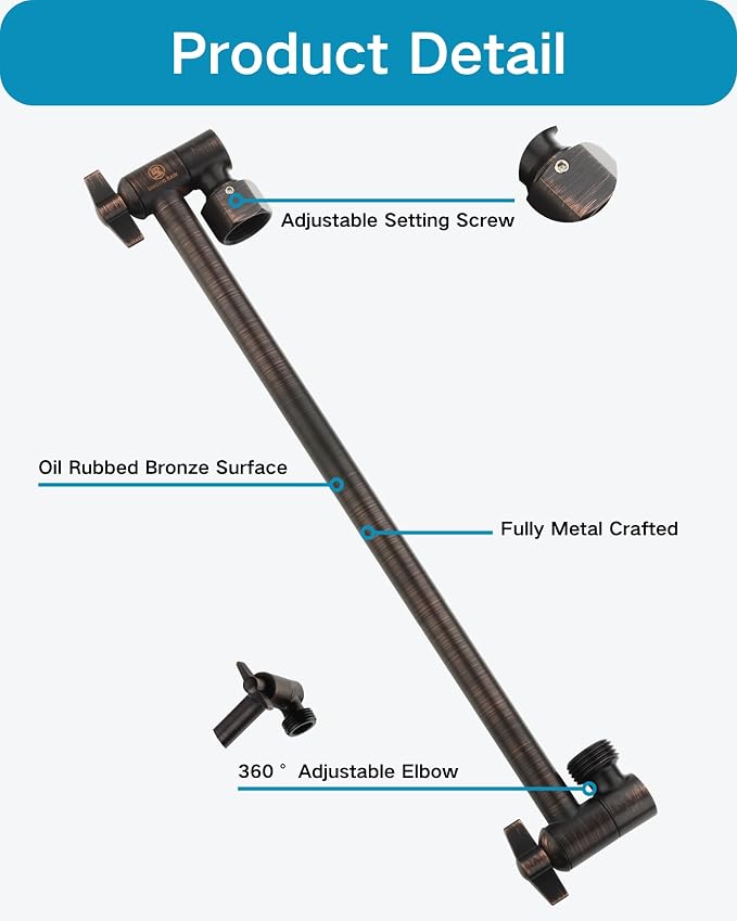 15 Inch Extra Long Adjustable Shower Head Extension Arm With Locking Set Screw, Singing Rain 304 Stainless Steel Angle Height Adjustable, G1/2 Universal Connector Compatible (Oil Rubber Bronze)