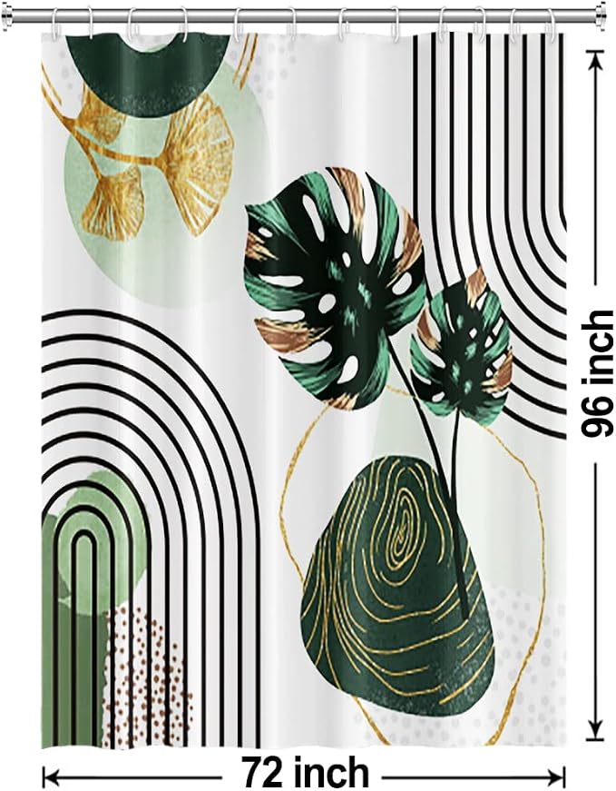 Boho Green Shower Curtain with Hooks for Bathroom 72x96 Inch | Waterproof Abstract Green and Gold Leaves Shower Curtain Set, Mid Century Bathroom Decor
