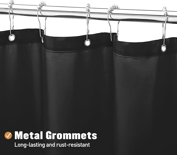 MitoVilla Extra Long Shower Curtain Liner, Black Shower Liner Fabric with Plastic Hooks, Waterproof Bath Curtain Liner Polyester Soft Lightweight, 72 x 84 Inches, Washable