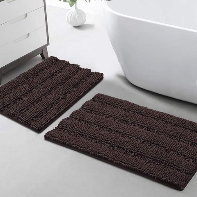 Turquoize Chenille Bath Rugs Shaggy Bathroom Rugs Non Slip Bath Rugs for Bathroom 20 x 32 and 17 x 24 Chocolate Bath Rug Extra Soft and Absorbent Area Rug, (20" x 32" and 17" x 24"),Chocolate