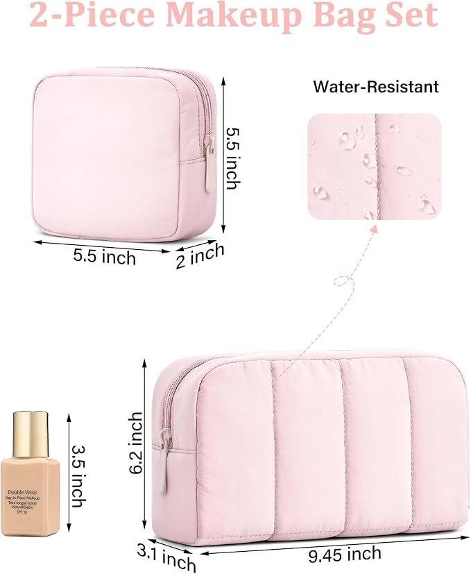 2 Pcs Makeup Bag Travel Toiletry Bag for Women Puffy Padded Cosmetic Pouch Purse Wide-open Makeup Organizer Case Travel Essentials