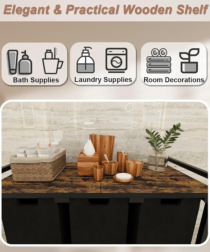 10 x 3 Gal Large Laundry Hamper, Rustic Brown and Black | Freestanding Clothes Basket Organizer with 3 Pull-Out & Removable Sorter Bags for Clothing or Toys in Bathroom & Living Room