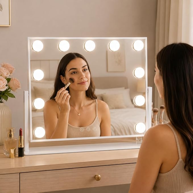 FENNIO Lighted Vanity Mirror, 15.6" x 12.7", 11 LED Bulbs, 360° Rotation | Horizontal 11-light vanity mirror with 360° rotation, wider viewing angle, and white desk-friendly design.
