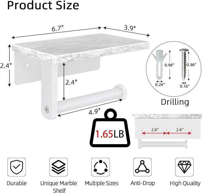 Gypie Toilet Paper Holder with Marble Shelf, Wall Mounted White | Stainless Steel, Tissue Roll Paper Holder Dispenser for Bathroom Washroom