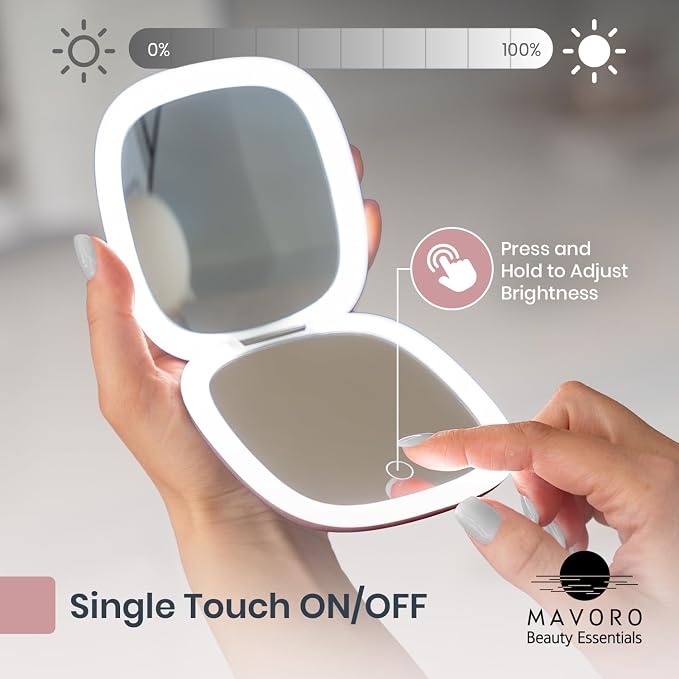 LED Lighted Travel Makeup Mirror 1x/10x, USB-C Rechargeable (Rose Dust)