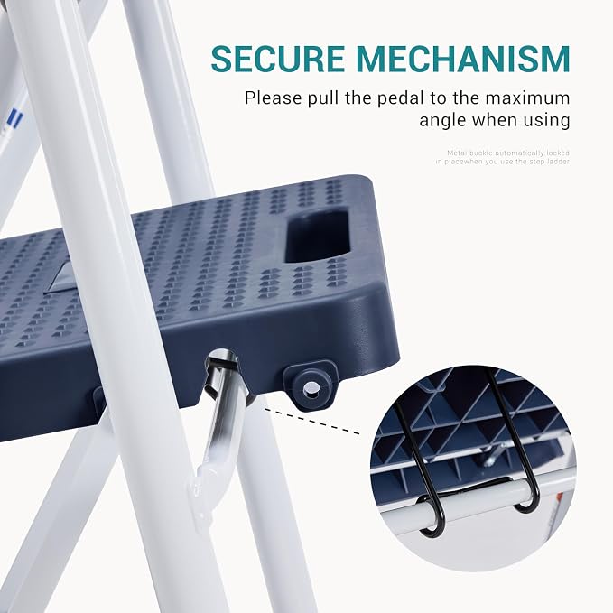 OLIXIS 2 Step Ladder, 800lbs Foldable Step Stool with Anti-Slip Pedal | Heavy Duty Portable Stepping Stool with Sturdy Steel Ladder & Comfortable Handrail, for Kitchen, Garage, Outdoor Use - Blue