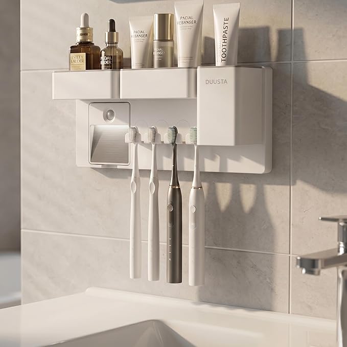 Toothbrush Holders for Bathrooms Toothbrush Holders Wall Mounted with Magnetic Night Light-4 Toothbrush Slots, 3 Independent Storage Compartments Bathroom Decor All-in-One Organizers Accessories White
