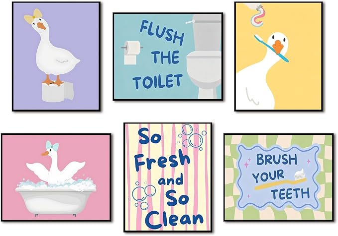 ZYANGZY Cute Kids Bathroom Poster Set of 6, Funny Duck Toilet Wall Art Painting Children's Quotes Bathroom Wall Decor Quirky Silly Goose Nursery Canvas Picture Prints for 12x16 inch Unframed