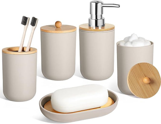 Bathroom Accessories Set 5 Pcs, Plastic Beige Bathroom Decor, Soap Dispenser and Toothbrush Holder Set, Soap Dish, Cotton Swab Jar, Bathroom Set, Boho Bathroom Organizer Accessory