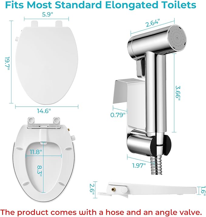 Bidet Toilet Seat for Elongated Toilets and Sprayer Handheld Toilet Adjustable Water Pressure and Self-Cleaning Dual NozzlesExclusive Single Nozzle High Pressure Mode for Cleaning Stubborn Stains