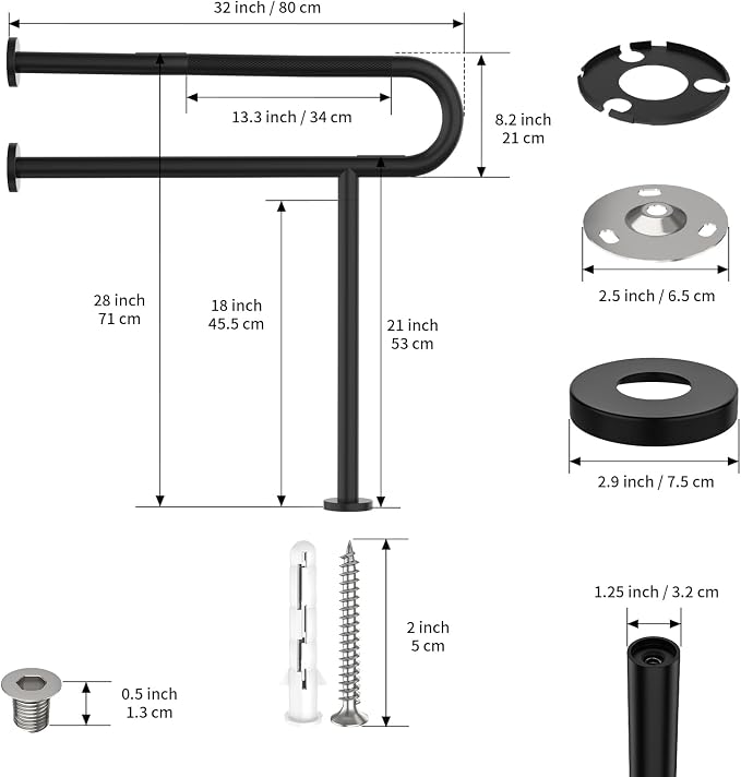 Toilet Support Rail 32 Inch, Munzong Black Handicap Grab Bar Seniors | Anti-Slip Stainless Steel Knurled Safety Handrails with Leg for Elderly Bathroom Disabled Pregnant-1.25’Tube