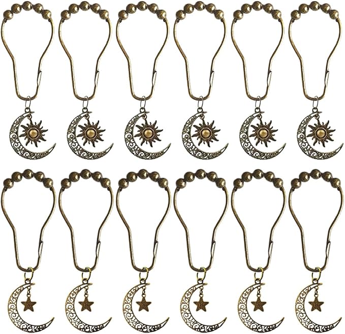 Decorative Moon Shower Curtain Hooks Set of 12 for Bathroom Shower Rods | Rustproof Curtain Rings with Vintage Moon Suns Stars Celestial Bodies Gothic Mystic Boho Theme Bathroom Decor, Bronze