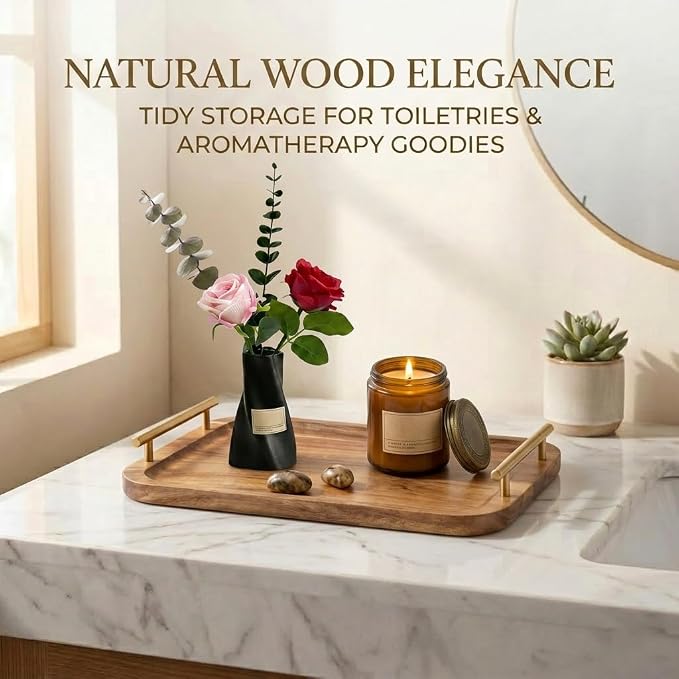 Bathroom Tray for Countertop Organizer,Vanity Tray with Gold Handle, Acacia Wood Tray for Bathroom Decor,Toilet Tank Tray, Multipurpose Organizer Rack for Lavatory Bathroom and Kitchen 11.8"X 7.8"