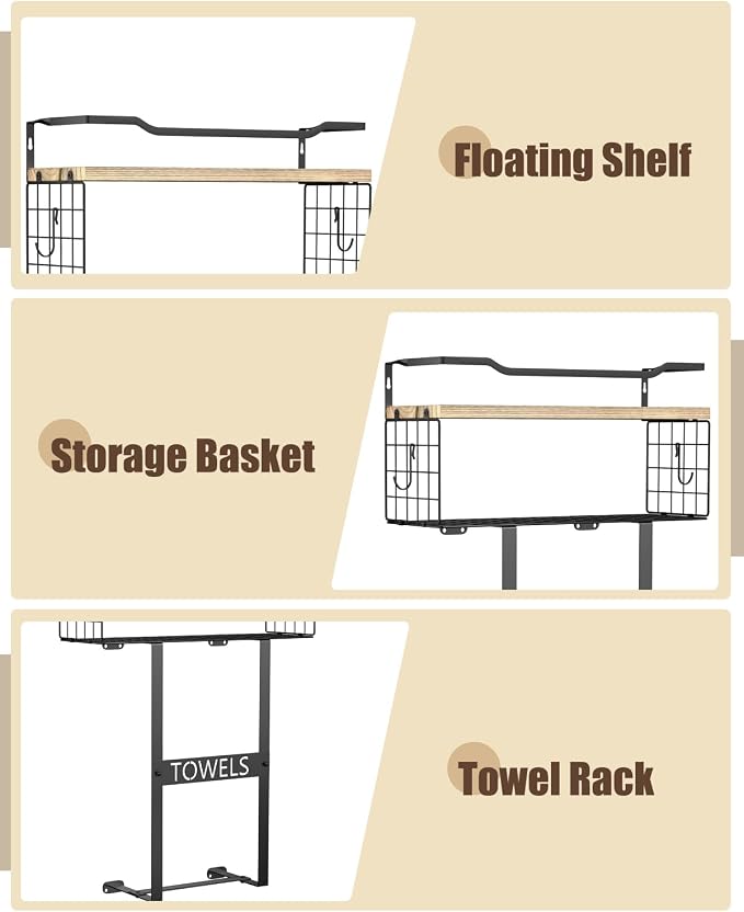 Towel Racks for Bathroom Wall Mounted - Bath Wall Towel Holder Set Above Toilet Storage, Rolled Towel Shelf Organizer for Small Bathroom, Wood Vertical Towel Rack for Bathroom Wall Decor | Towel Storage with Wood Shelf & Metal Basket,Fit for Small Bath...