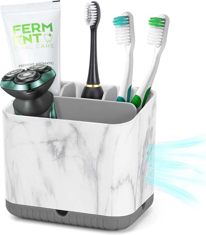Toothbrush Holder for Bathrooms, Toothbrush Organizer (Grey Marble Grain) | Easy To Clean, Drainage, Removable, Non-Slip, 4 Slots Tooth Brush Holder for Bathroom Countertop Organizer