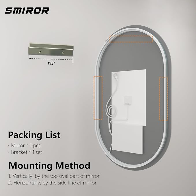 SMIROR 20x36 Oval Backlit LED Bathroom Vanity Mirror with Lights for Wall | Pill-Shaped, 3 Color Lighting, Anti-Fog, Memory, Tempered Glass, UL, Horizontal/ Vertical Wall- Mounted