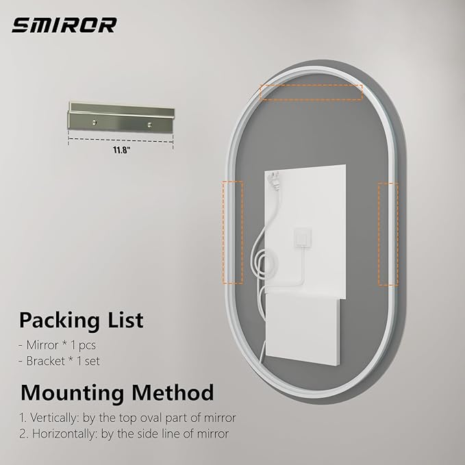 SMIROR 20x32 Oval Backlit LED Bathroom Vanity Mirror with Lights for Wall | Pill-Shaped, 3 Color Lighting, Anti-Fog, Memory, Tempered Glass, UL, Horizontal/ Vertical Wall- Mounted