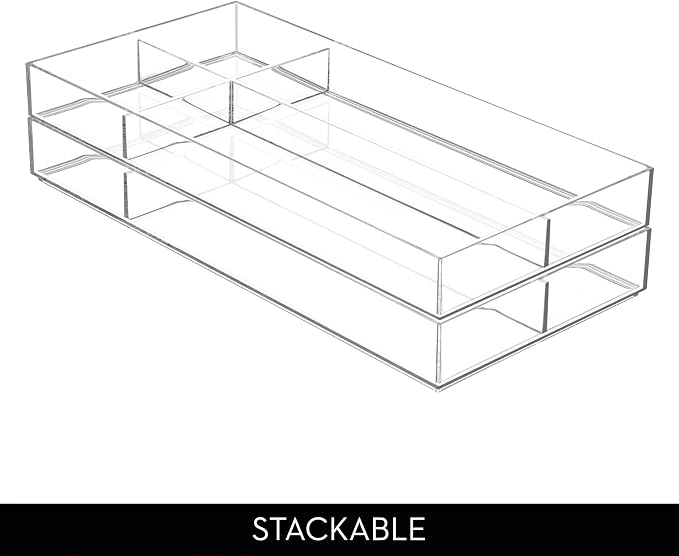 iDesign Clarity Plastic Divided Drawer Organizer, Storage Container for Vanity, Bathroom, Kitchen Drawers, 8" x 16" x 2", Clear,40850
