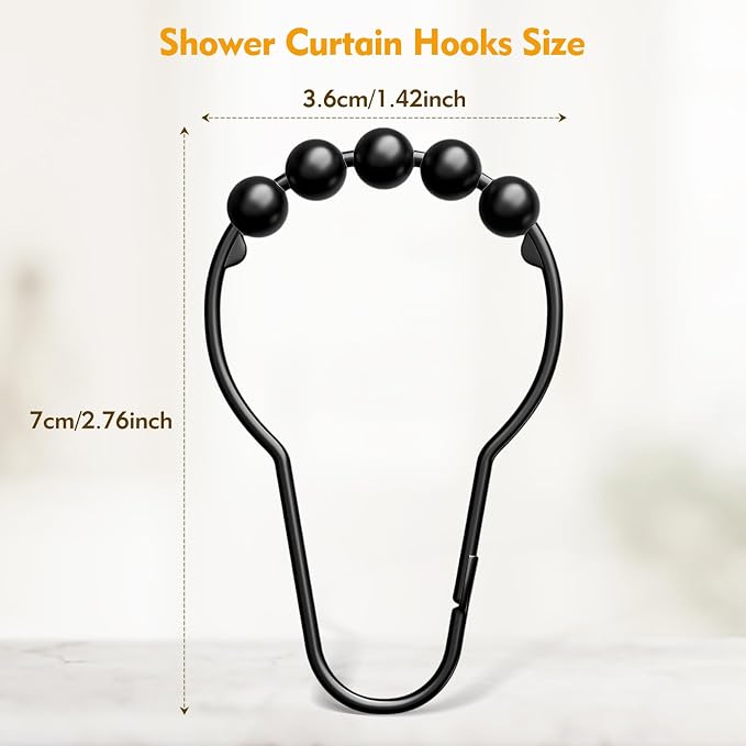 12 PCS Shower Curtain Hooks, Practical Black Shower Curtain Hooks | Metal Shower Hooks for Bathroom Shower Rods, Smooth & Quick Sliding, Secure Snap Closure, Easy Install