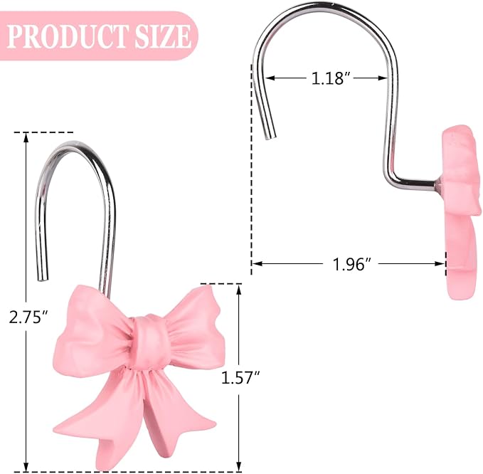 12 pcs Bow Knot Shower Curtain Hooks,Home Decorative Shower Curtain Rings | Anti Rust Hooks for Bathroom,Resin Shower Curtain Hangers Bathroom Accessories (Pink)