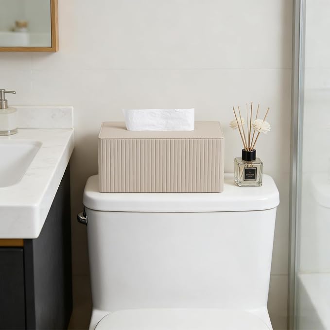 PU Leather Tissue Box Cover Rectangle Tissue Holder, Beige | Magnetic Closure, Tissue Box Holder for Bathroom Bedroom Office, Rectangular Tissue Box Cover for up to 3.9" High Boxes