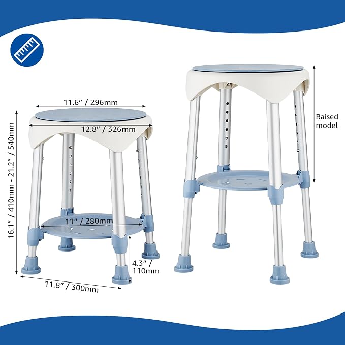 Shower Stool Chair for Inside Shower,360° Swivel,Blue,300LBS | 6-Level Adjustable Height Bath Chair with Shelf,Shower Seat Stool for Bathroom,Upgrade Small Corner Stool for Seniors