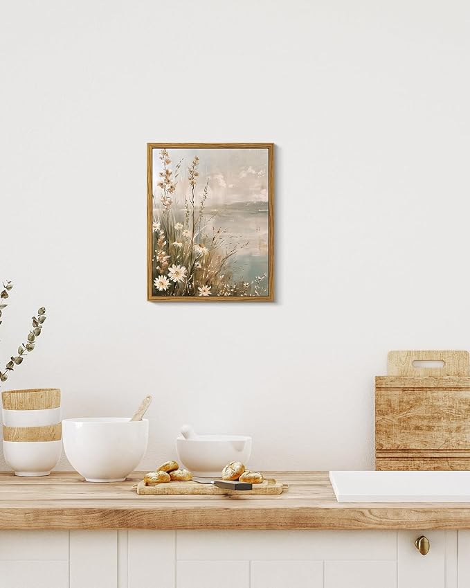 InSimSea Framed Canvas Wall Art Vintage Decor, Wildflowers Landscape Pictures Bathroom Wall Decor Aesthetic, Living Room Bedroom Flower Nature Home Decorations, 8"x10"