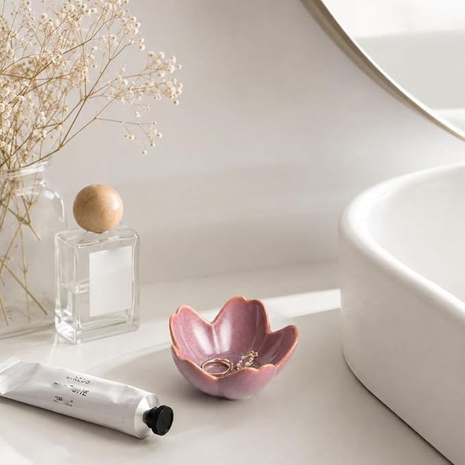 Floral Ceramic Jewelry Tray, 3.5" Ring Holder Trinket Bowl | Petite bowl keeps rings, earrings, keys, and keepsakes visible on vanities or dressers, making a sweet gift for women