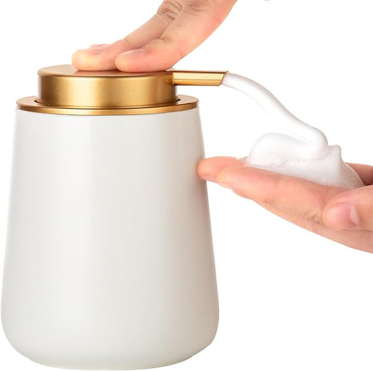 Enra Foaming Soap Dispenser, White Ceramic Hand Soap Dispenser Gold Pump | 12oz Ceramic Body with Wide-Mouth Refill Opening. Neutral Gray Finish Adds Style to Kitchens, Vanities and Countertops.