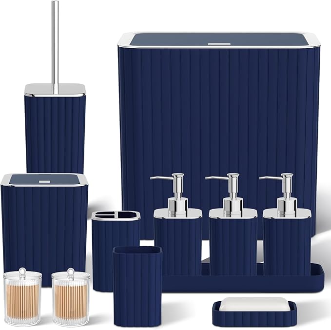 Bathroom Accessory Set - Bathroom Set, 27PC Bathroom Accessories Set, Navy Blue Bathroom Sets with Shower Curtain and Rugs, Mini Trash Can, Toilet Brush, Trash Can & Soap Dispenser