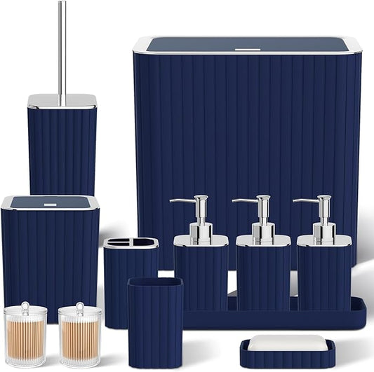 Bathroom Accessory Set - Bathroom Set, 27PC Bathroom Accessories Set, Navy Blue Bathroom Sets with Shower Curtain and Rugs, Mini Trash Can, Toilet Brush, Trash Can & Soap Dispenser