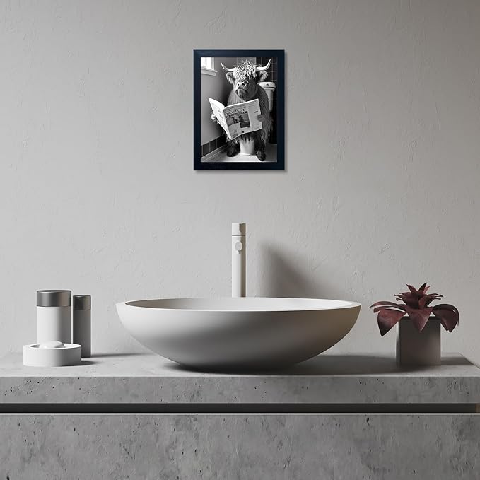Framed Black and White Bathroom Wall Decor Highland Cow with Toilet Paper on Head Canvas Wall Art Toilet Decor Cow Pictures Wall Decor Animal Bathroom Sign Artworks for Home