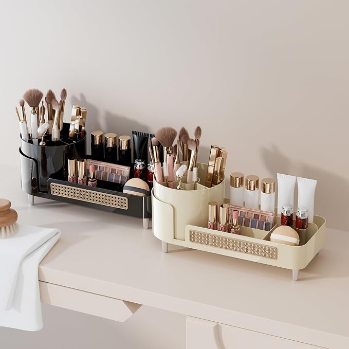 Booklov Rotating Makeup Organizer for Vanity Countertop, Black | Clear Acrylic Cosmetic Display Case, Large Beauty Brush Holder for Bathroom Counter, Skincare Lipsticks Storage