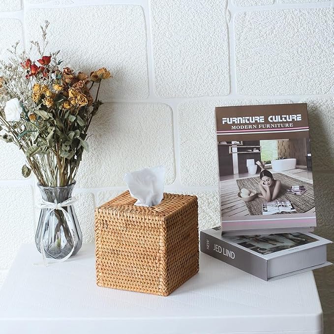 Rattan Tissue Box Cover Square, Wicker Tissue Box Holder, Decorative Woven Facial Tissue Holder for Bathroom, Kitchen, Living Room, Bedroom (Natural)