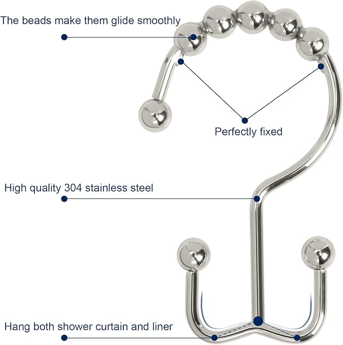 Gidse Shower Curtain Hooks,Sturdy Stainless Steel Double Sided Shower Hooks Rings for Bathroom Shower Curtain Rods Curtains Set of 12 Hooks - Nickel